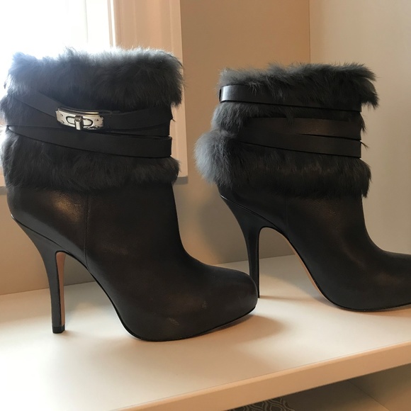 Coach Janeva Rabbit Fur Trimmed Grey Leather Boots - Picture 4 of 6